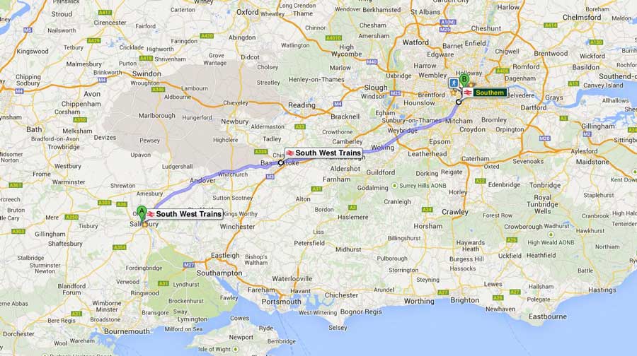 İngiltere güzergahı Salisbury'den Londra'ya tren rotası - England route from Salisbury to London train route