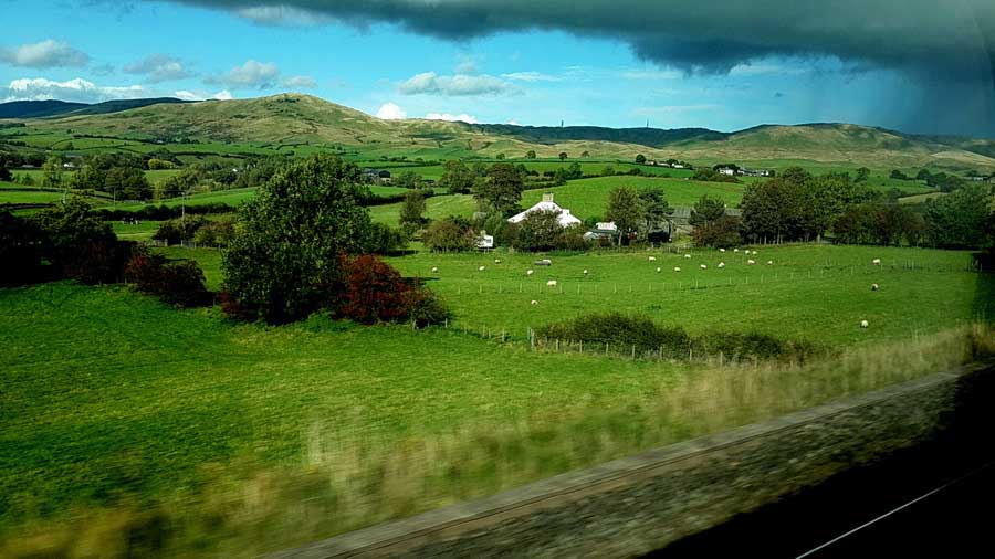 İngiltere rotası raylar, evler, kırlar, koyunlar, kuzular Crosscountry treni Edinburgh'dan Salisbury'e giderken - England route rails, cottages, grass, sheeps, lambs