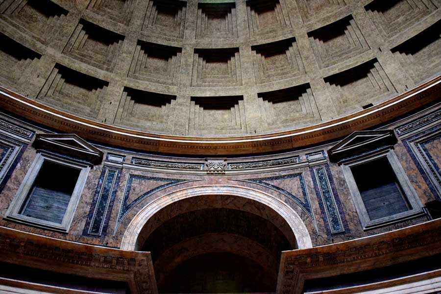 Roma Pantheon fotoğrafları kasetli beton kubbe ve kubbe kasnağı pencereleri - Rome Pantheon coffered concrete dome and dome ring windows