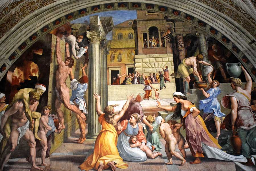 Vatikan müzeleri eserleri Rafael Odaları duvar resimleri Borgo'daki Yangın - Vatican museums Rafael rooms' wall paintings The fire in the Borgo (Stanza dell'Incendio di Borgo)