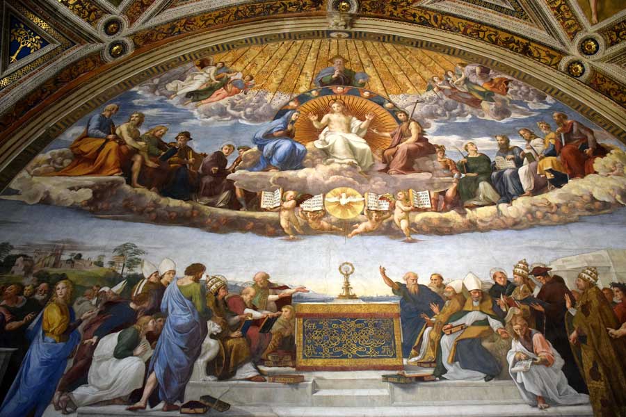 Vatikan müzeleri eserleri Raphael odaları Segnatura Odası duvar resmi Kutsal ayin Toplantısı - Vatican museums detail of wall paintings in Room of Segnatura in Raphael rooms